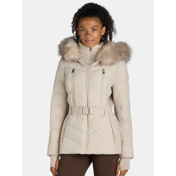 F.O.G. Women's and Women's Plus Belted Puffer with Faux Fur Hood, Sizes S-3X