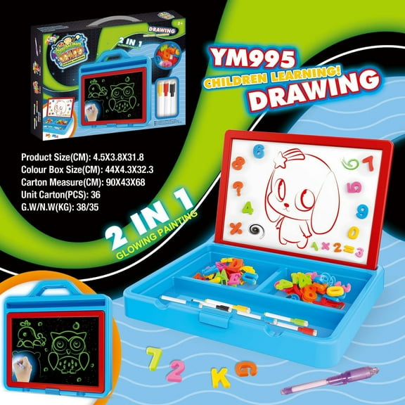 F Portable Carry Case Fluorescent Drawing Board With 2 Pens 8 Stencils Glow In Dark Kids Doodle Tablet