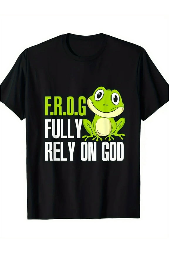 F.R.O.G. Fully Rely on God" Men's T-Shirt - Soft Cotton, Black with Cute Green Frog Graphic, Casual & Comfortable, Perfect for Daily Wear & Outdoor Activities, Available in Multiple Sizes