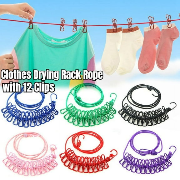 F Retractable Clothes Drying Rack Rope with 12 Clips Portable Clothesline Clothing Line for Laundry Drying Line Camping