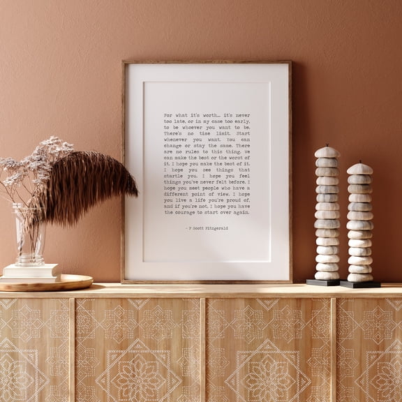F. Scott Fitzgerald Quote For What It's Worth Bedroom Wall Art, Unframed Paper Poster 8x10in