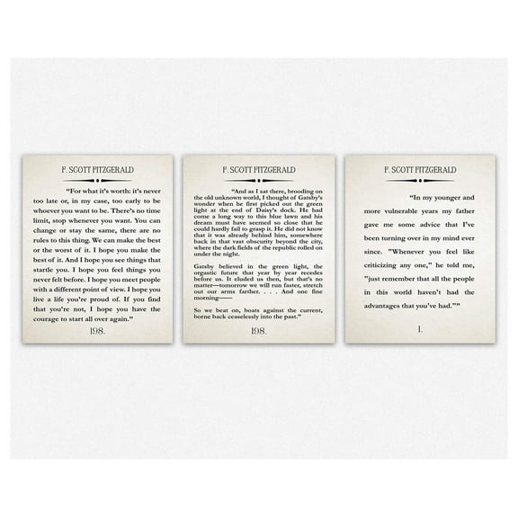 F Scott Fitzgerald Quotes The Great Gatsby Book Page Quotes Set Of 3