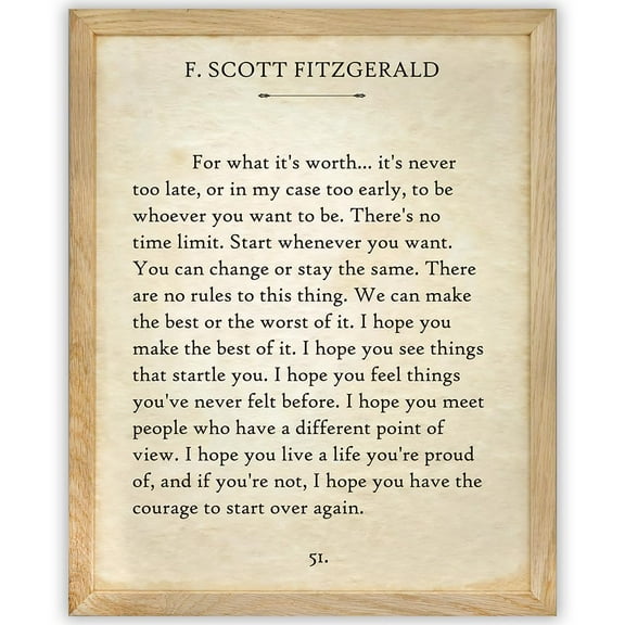 F. Scott Fitzgerald Quotes Wall Art-For What It's Worth-Vintage Wall Art Decor - 11x14 Framed Poster - Library Decor - Book Pages - Great Gatsby Decorations - Classic Book Quotes Inspirational Decor