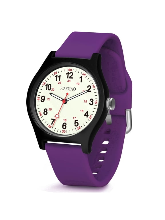Nurse Watch with Second Hand, Nursing School Watch, 24 Hour Military Watch Women Analog Luminous, Waterproof Watches for Women Swimming, Purple