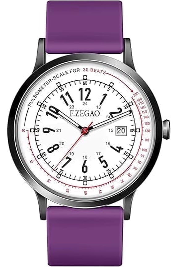 Nurse Watch with Second Hand Nursing Women Men, 50M Waterproof Watches for Swimming 12/24 Hour Military Time Luminouse Easy Read Dial, Pulsometer Analog Watch for Nurses (Purple)