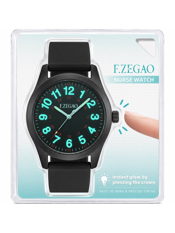 Press-to-Glow Nurse Watch for Women and Men, 5ATM Waterproof Analog Watch with 24 Hour Military Time, Easy-to-Read Dial, Black