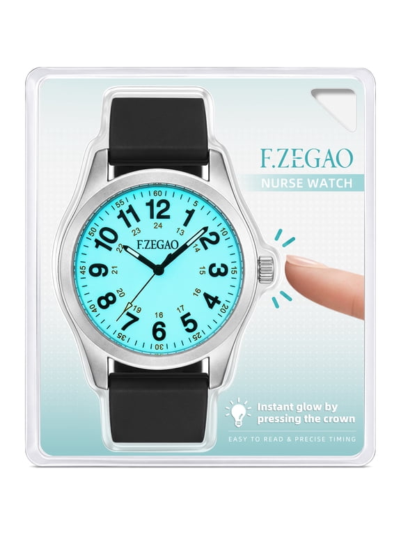 Press-to-Glow Nurse Watch for Women and Men, 5ATM Waterproof Analog Watch with 24 Hour Military Time, Easy-to-Read Light-Up Dial, White