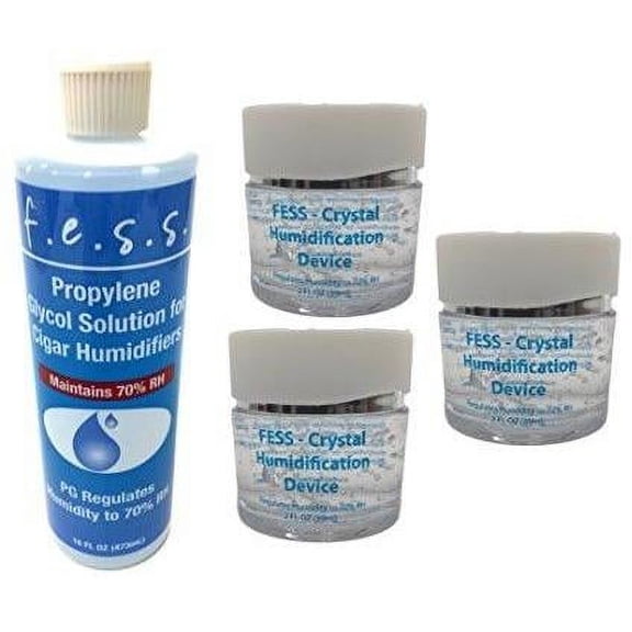 F.e.s.s Fess 16oz Propylene Glycol Humidor Solution with 3 2oz Crystal Humidification Jars