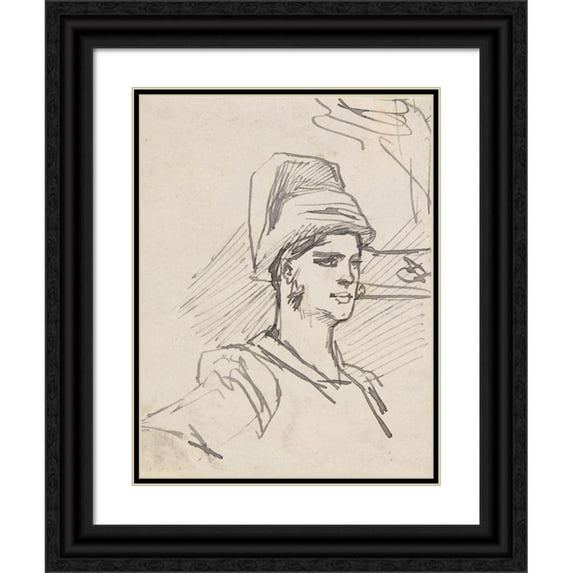 Félicien Rops 15x18 Black Ornate Wood Framed Double Matted Museum Art Print Titled - Study of Head and Shoulders of Woman with Headdress