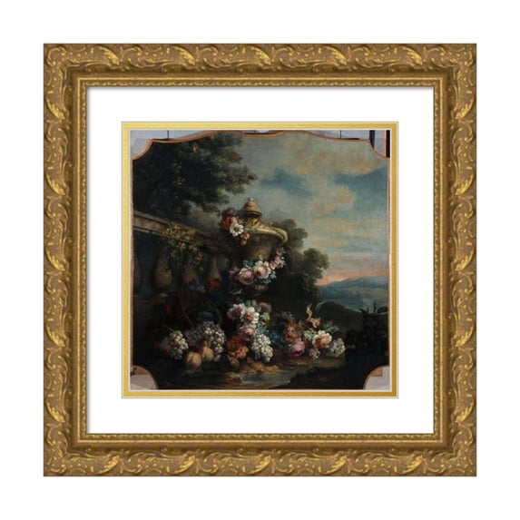 Félix Boutreux 20x20 Gold Ornate Framed and Double Matted Museum Art Print Titled - Vase, Flowers, and Fruit in a Landscape. (1911)