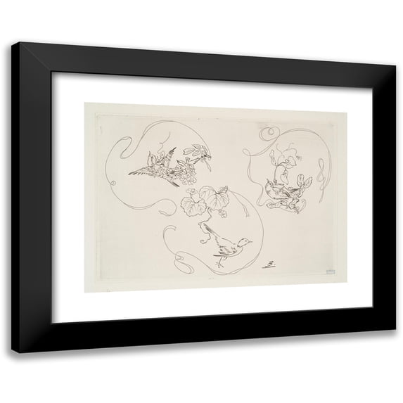 Félix Bracquemond 18x14 Black Modern Framed Museum Art Print Titled - Dessert Plate; Three Patterns Each Composed of a Ribbon, a Flower and a Bird (1866 - 1878)