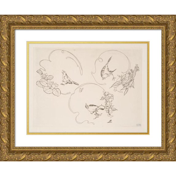 Félix Bracquemond 18x14 Gold Ornate Wood Frame and Double Matted Museum Art Print Titled - Dessert Plate; Three Patterns Each Composed of a Ribbon, a Flower and a Bird. (1866 - 1878)