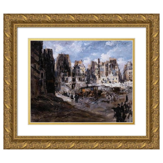 Félix Hilaire Buhot 17x15 Gold Ornate Wood Frame and Double Matted Museum Art Print Titled - The Drilling of the Avenue De L'Opera. (1878)