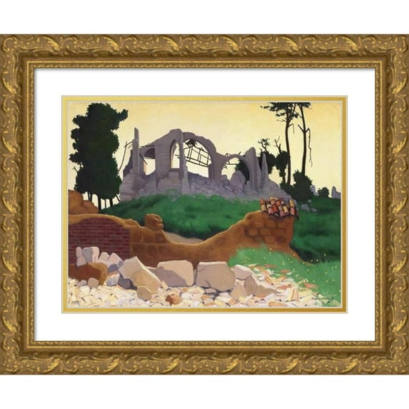 Félix Vallotton 18x14 Gold Ornate Wood Frame and Double Matted Museum Art Print Titled - The Church of Souain (1917)