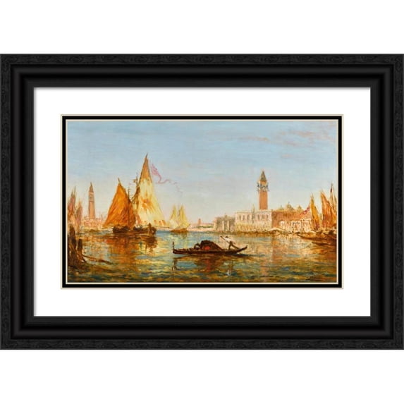Félix Ziem 14x10 Black Ornate Wood Framed Double Matted Museum Art Print Titled: Venice, Gondola and Sailboats in Front of the Palais Des Doges and San Giorgio Maggiore