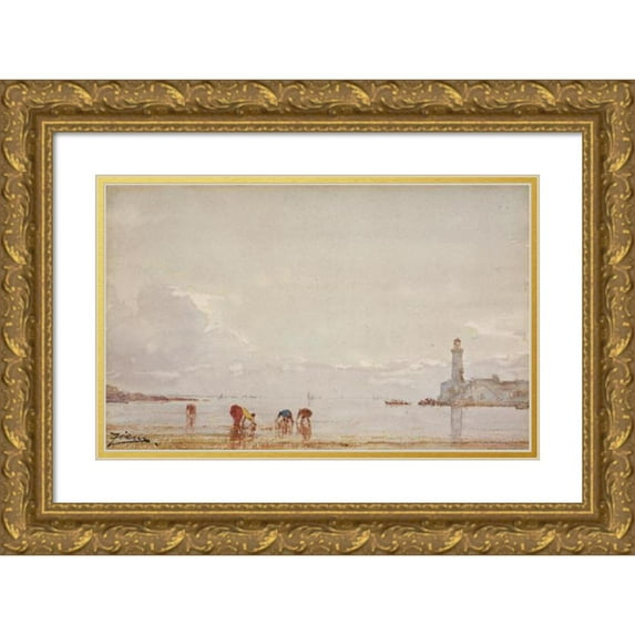 Félix Ziem 14x11 Gold Ornate Wood Frame and Double Matted Museum Art Print Titled - Antibes Shellfish Fishermen