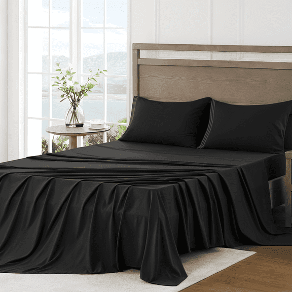 4 Piece Bed Sheet Set, Full Size Upgraded Cooling Deep Pocket Comfy Breathable Hotel Luxury Bedding, Extra Soft Wrinkle Free Sheets Cover, Queen Sheets up to 16 inch, Black