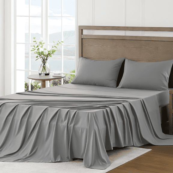 4 Piece Bed Sheet Set, Full Size Upgraded Cooling Deep Pocket Comfy Breathable Hotel Luxury Bedding, Extra Soft Wrinkle Free Sheets Cover, Queen Sheets up to 16 inch, Light Grey