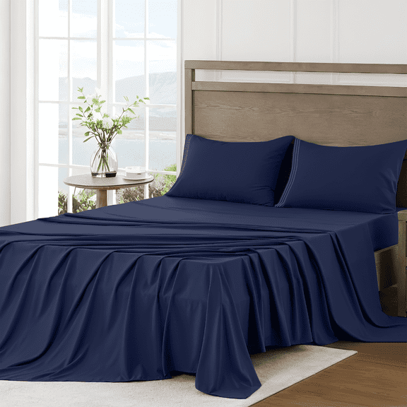 4 Piece Bed Sheet Set, Full Size Upgraded Cooling Deep Pocket Comfy Breathable Hotel Luxury Bedding, Extra Soft Wrinkle Free Sheets Cover, Queen Sheets up to 16 inch, Navy Blue