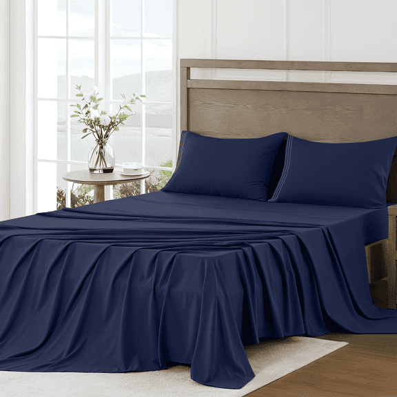4 Piece Bed Sheet Set, Full Size Upgraded Cooling Deep Pocket Comfy Breathable Hotel Luxury Bedding, Extra Soft Wrinkle Free Sheets Cover, Sheets up to 16 inch, Navy Blue