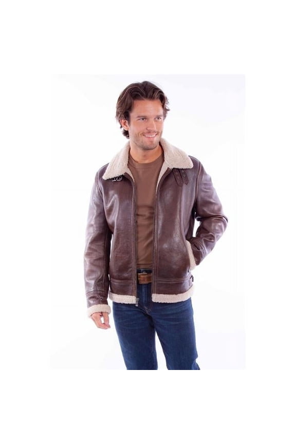 F0-2049-702-L Men Zip Front Lined Western Leather Jacket with Hand Pockets, Chocolate - Large