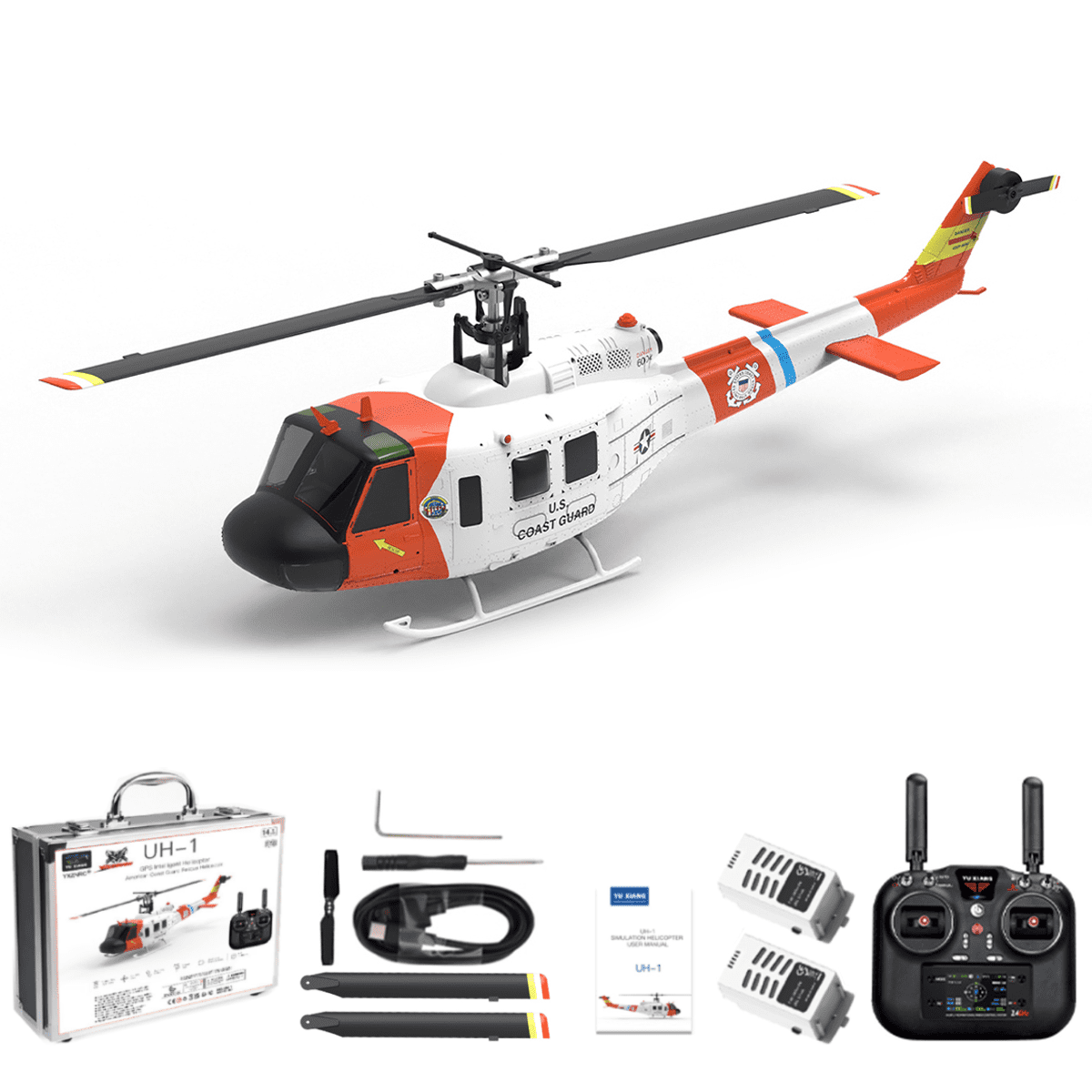 F07S UH-1 Huey 1/34 Flybarless RC Helicopter Model, 2.4G 6CH RTF Brushless Direct Drive 6G Aircraft with GPS for Altitude Hold and Adjustable Left/Right Hand Throttle