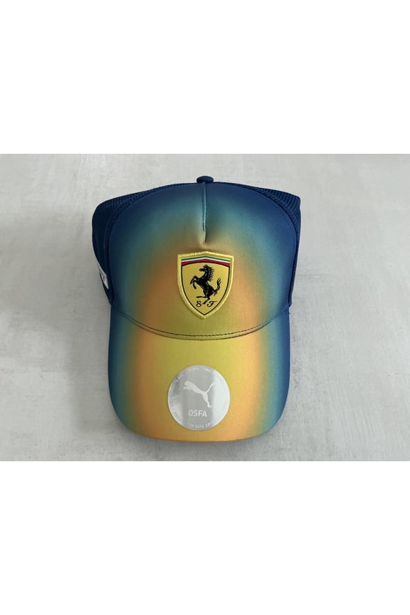 F1 Scuderia Ferrari Miami Trucker Hat Puma 2026 Cap Speed Yellow AOP