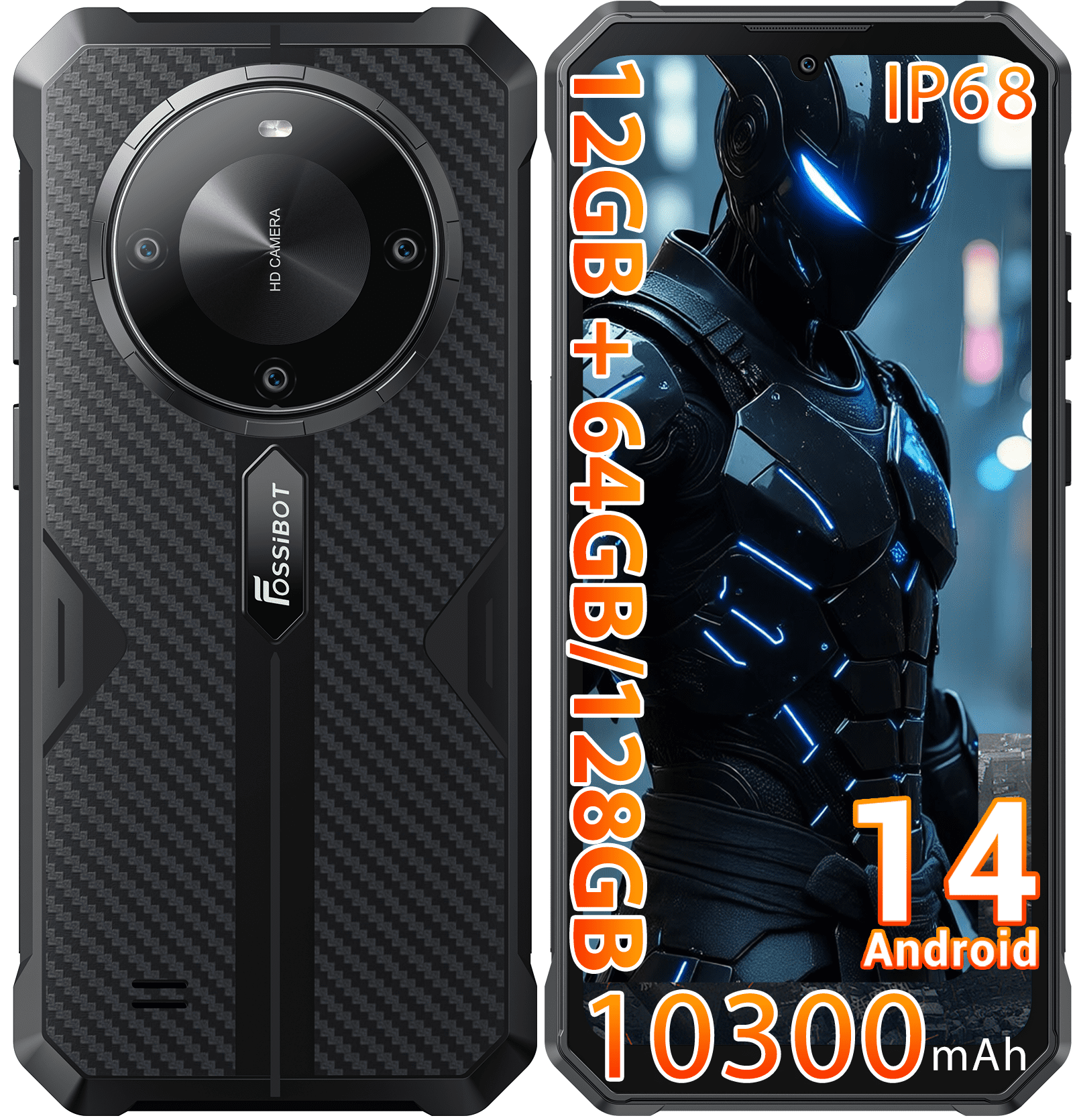 F105 Rugged Smartphone Unlocked, 10300mAh Battery Rugged Phones, Android 14 12GB+64GB, 6.75" 20MP+8MP, 4G Dual SIM, Fingerprint/Face Unlock