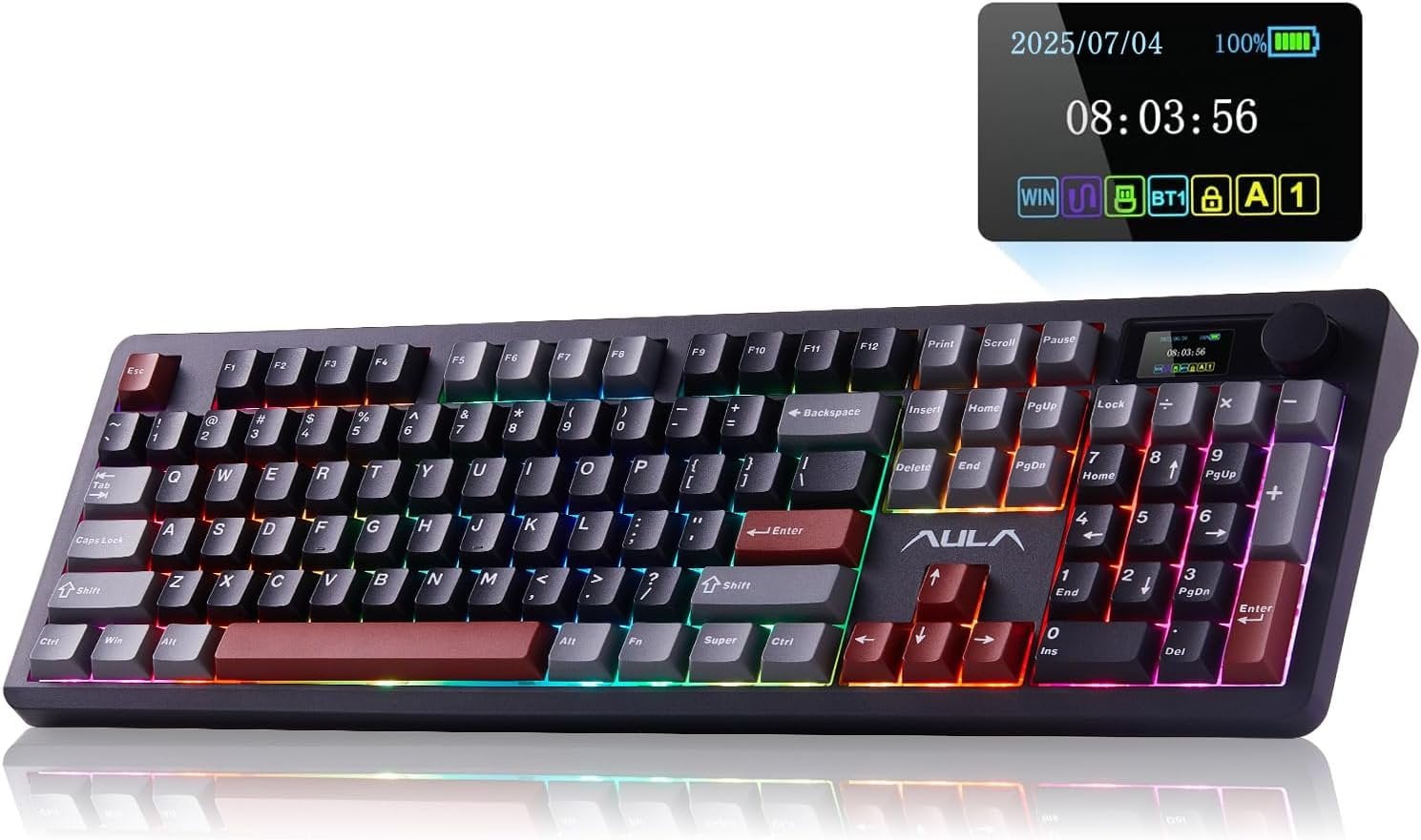F106 PRO Mechanical Keyboard, 104 Gaming Keyboard with Knob & Screen, Tri-Mode RGB Hot Swappable Creamy Sounding Keyboards for PC/Laptop/Windows - Black Red