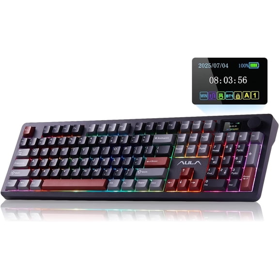 F106 PRO Mechanical Keyboard, 104 Gaming Keyboard with Knob & Screen, Tri-Mode RGB Hot Swappable Creamy Sounding Keyboards for PC/Laptop/Windows - Black Red