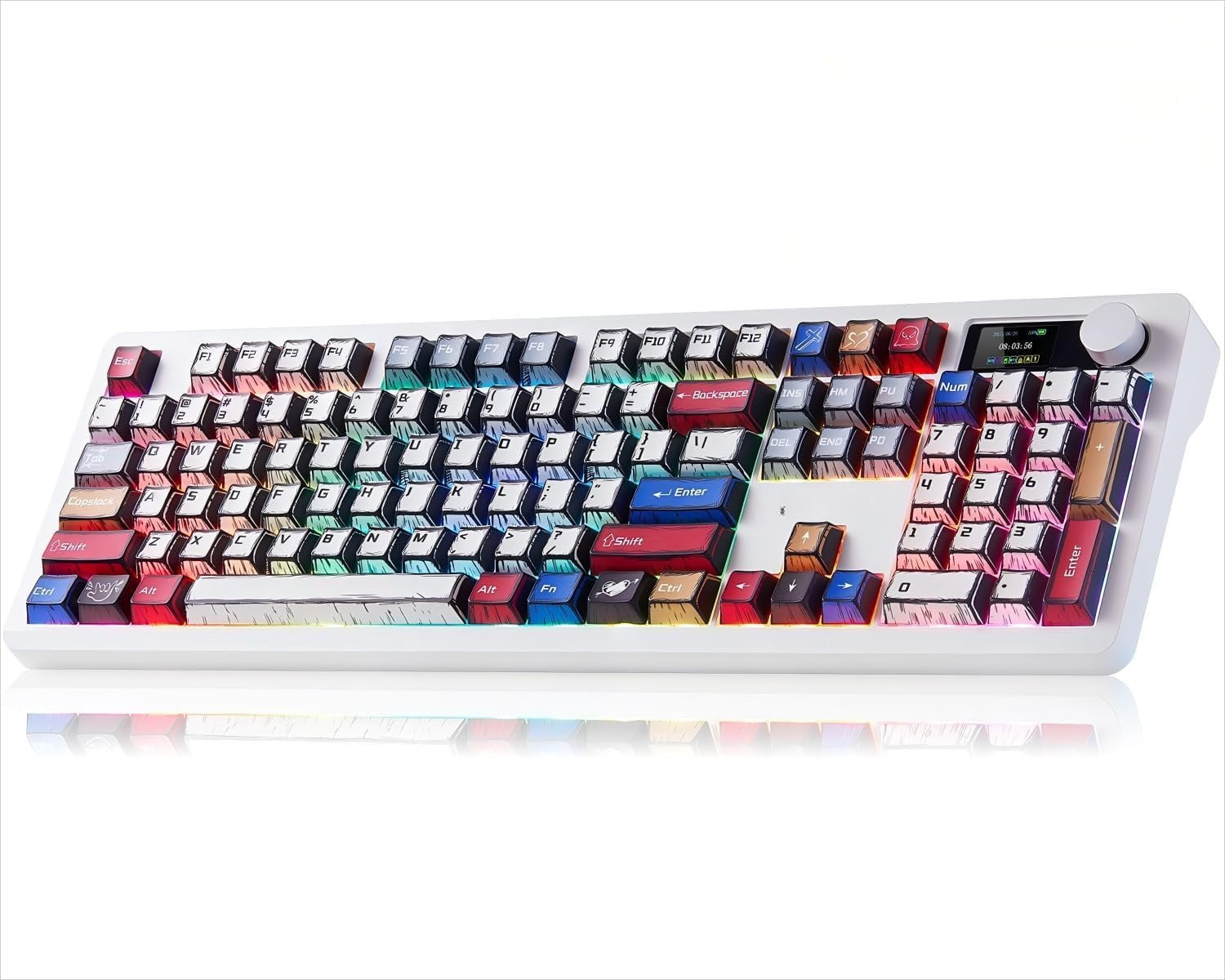F106 PRO Mechanical Keyboard,Full Size Gaming Keyboard with Hot Swappable Knob & Screen,Tri-Mode RGB Backlit with 8000mAh for PC/Laptop/Windows - Blaze ,Comic Mix