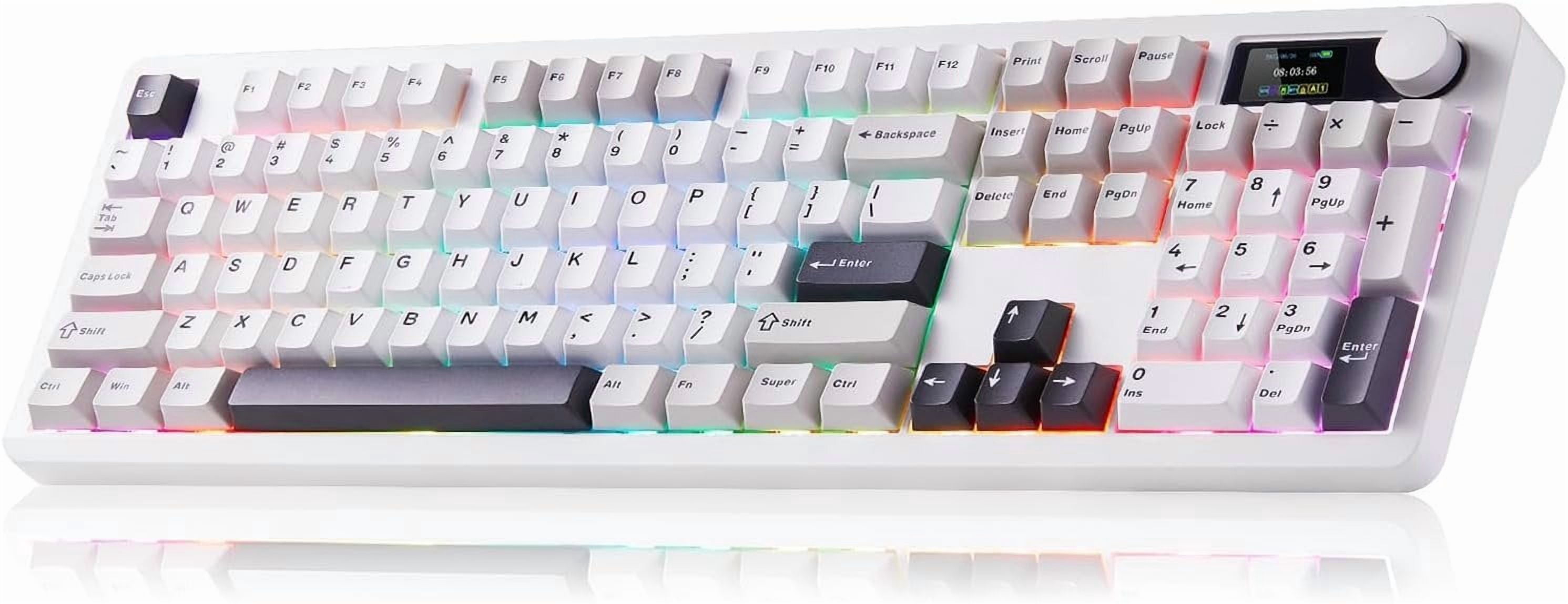F106PRO Keyboard, Full Size Mechanical Keyboard with Media Knob & Screen, 8000mAh Hot Swappable Custom PBT keycaps Gaming Keyboard - Blaze ,Black White Grey