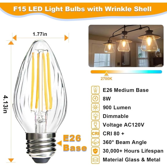 F15 8W Led Porch Light Bulb Outdoor,E26 Medium Base LED Post Bulb 75W-80W Equivalent,Dimmable 2700K Warm White with Wrinkle Glass,for Ceiling Fan and Lantern Lamp,4 Pack