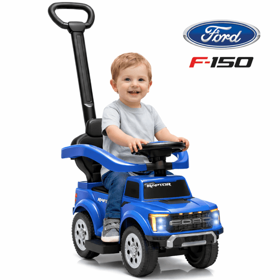 3 In 1 Ride On Car for Toddlers, Licensed Ford F-150 Push Car with Removable Parents Handle, Guardrails, Horn, LED Light, Kids Ride On Toy for Ages 18-36 Months, Blue