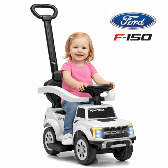 3 In 1 Ride On Car for Toddlers, Licensed Ford F-150 Push Car with Removable Parents Handle, Guardrails, Horn, LED Light, Kids Ride On Toy for Ages 18-36 Months, White