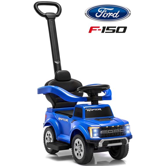 iYofe 3 In 1 Push Cars for Kids, Licensed Ford F-150 Kids Ride On Toys with Removable Parental Handle and Safety Rail, Horn, LED Lights, Ride On Cars for Toddlers 1-3, Blue