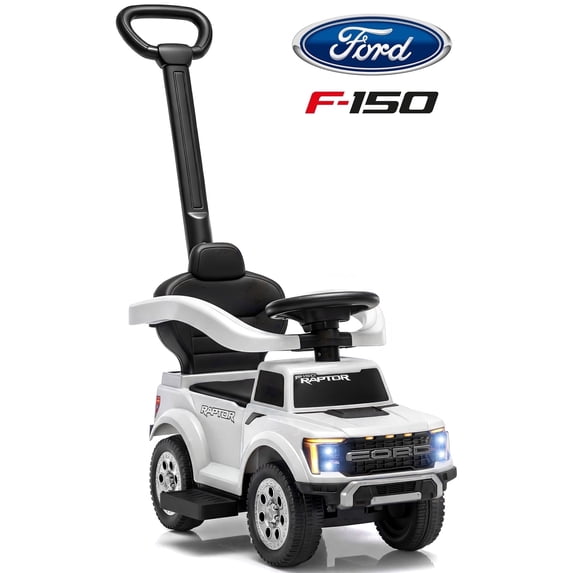 iYofe 3 In 1 Push Cars for Kids, Licensed Ford F-150 Kids Ride On Toys with Removable Parental Handle and Safety Rail, Horn, LED Lights, Ride On Cars for Toddlers 1-3, White
