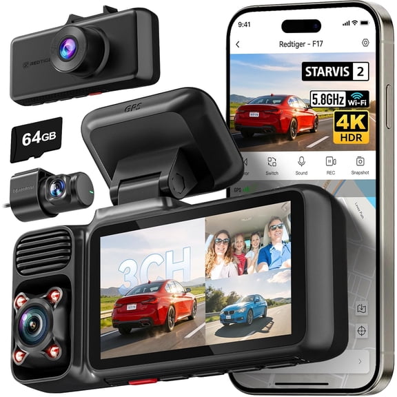 F17 4K 3 Channel Dash Cam, STARVIS 2 IMX675 HDR, 2160P+1080P+1080P Front Inside and Rear Triple Car Camera with 64GB Card, 5.8GHz WiFi GPS, IR Night Vision, G Sensor, WDR, Parking Mode