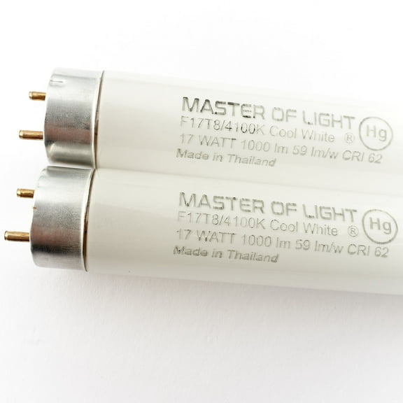 Master of Light F17T8 Cool White Fluorescent Tubes, 2-Pack, 24-Inch, 17W, 4100K, 1000 Lumens, T8 G13, 16,000 Hours