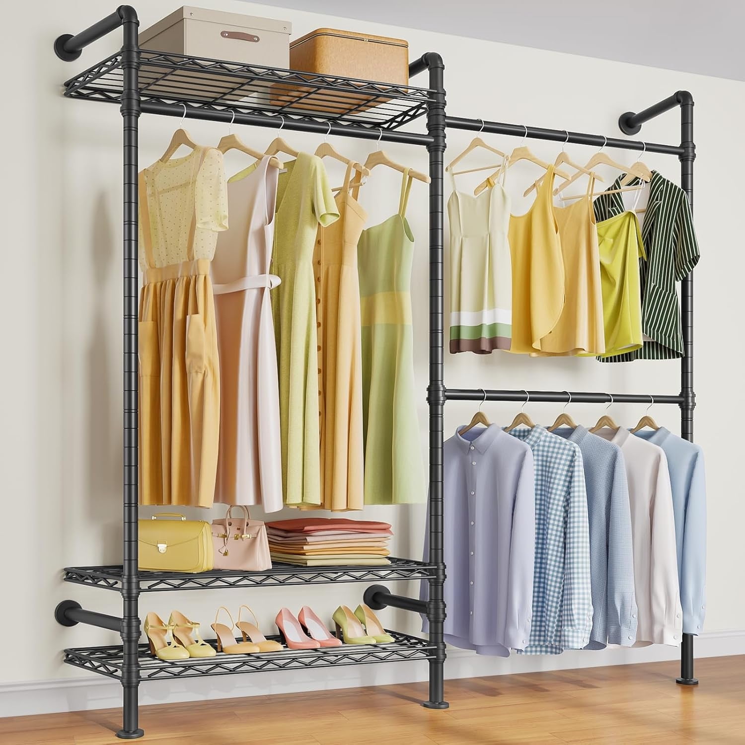 F2 Industrial Pipe Clothes Rack Wall Mounted Clothing Rack for Hanging Clothes Expandable Garment Rack Heavy Duty Wardrobe Closet Organizer and