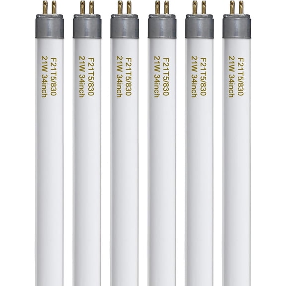 F21T5/830 21 Watt 34 Inches T5 Fluorescent Light Bulb, 3000K Warm White, 2100 Lumens, 20000 Hour Lifespan, Mini Bi-Pin Base, 6 Pack