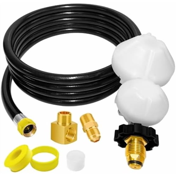 F273684 12FT Propane Hose Assembly with 2-Stage Propane Regulator, POL Fitting, 3/8in Female x 3/8in Male Street Elbow Leak-Free for Heaters, Grills, RVs, Fire Pits, and Propane Appliances.
