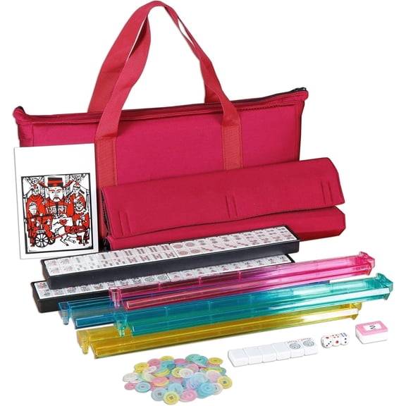 F2C American Mah Jongg Mahjong Set 166 Tiles, 4 Color Rack/Pushers, Red Soft Bag Complete Set