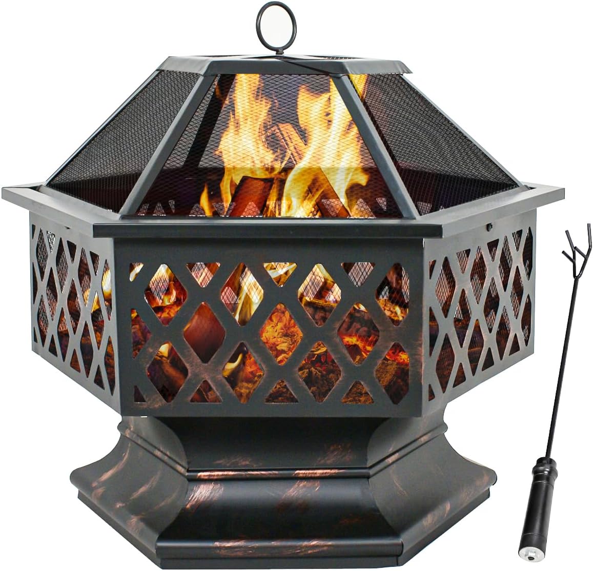 F2C HexShaped Fire Pit with Fire Picker for Garden 24 Inch Wood
