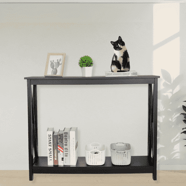 Segawe Narrow Console Table 2 Tier Wooden Sofa Side Table Modern Entryway Table W/ Storage, Black