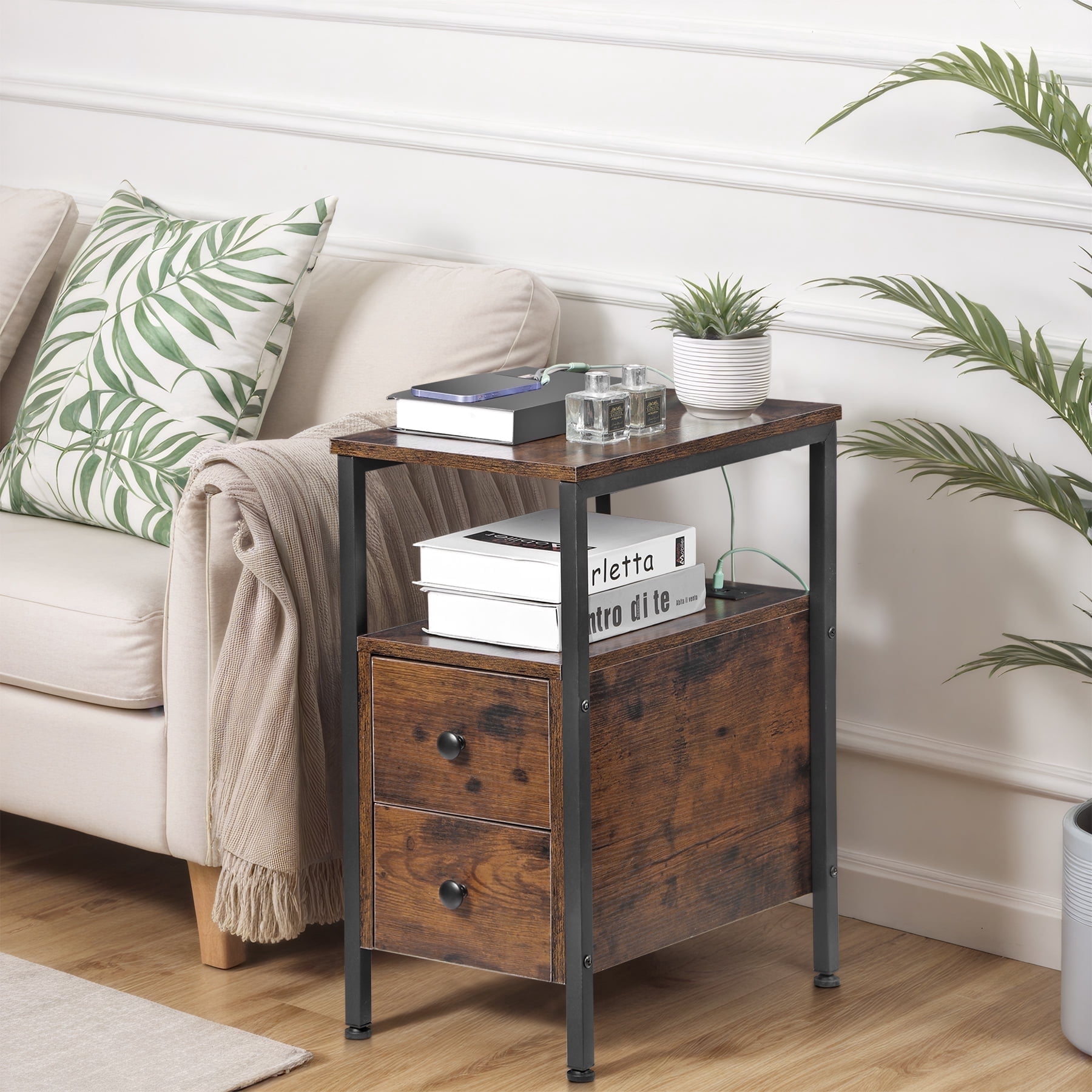 F2C Rustic End Table W/Charging Station, Narrow Sofa Side Table 2 ...