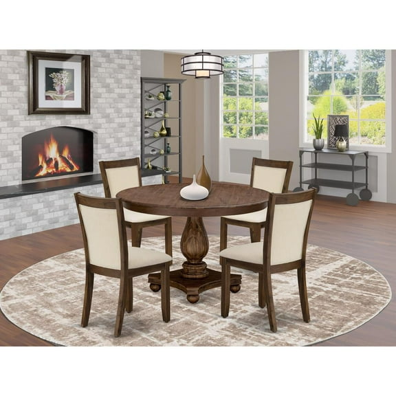 F2MZ5-NN-32 - Table and 4 Light Beige Linen Fabric Chairs - Antique Walnut Base