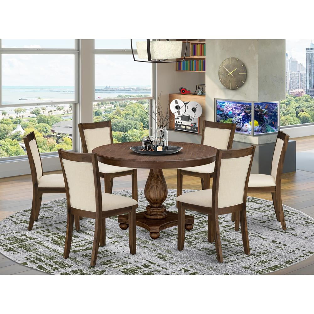 Antique Walnut Round Pedestal Dining Table with 6 Light Beige Linen Chairs