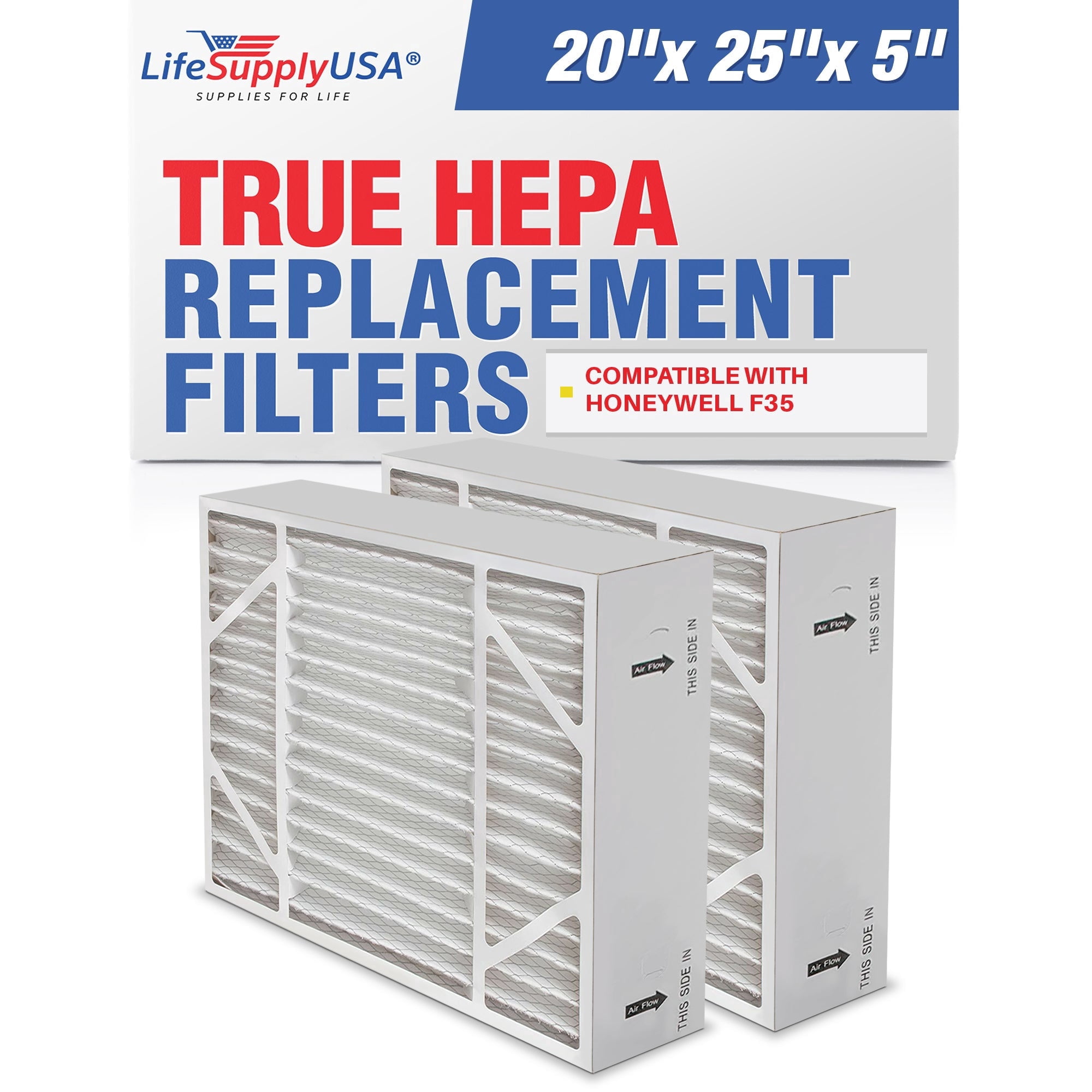 F35 20x25x5 Air Filter Replacement Compatible with Honeywell F35 FC35A1027, F100, F150, F200, FC100A1037, FC100C1017, FC200E1037 HVAC Furnace Filters, AC Filter for Home by LifeSupplyUSA (2-Pack)
