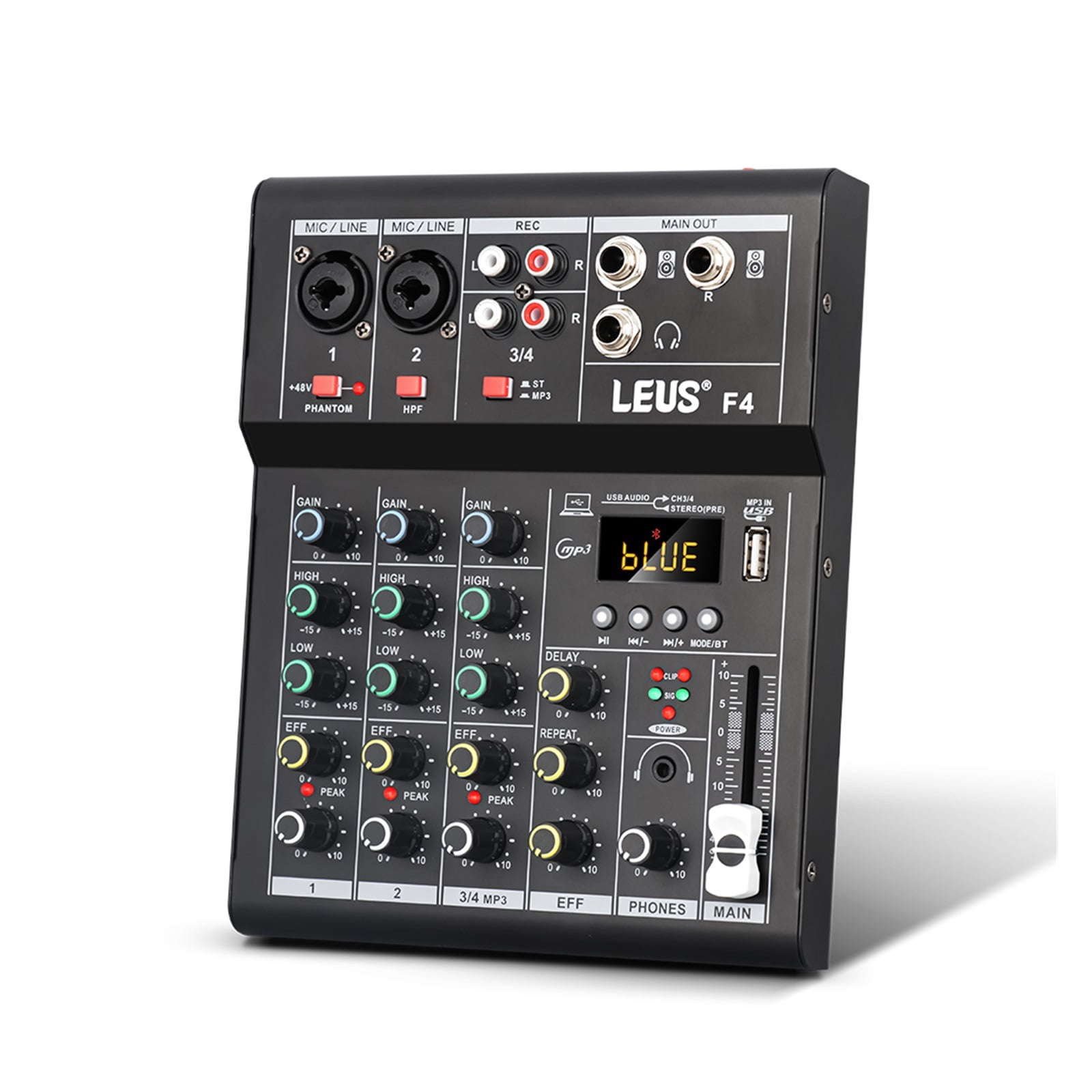 F4 Mixing Console Interface Bluetooth USB Record PC 48V Phantom Power Delay Repaeat Effect 4 Channels DJ Sound Mixer ,Easy to Operate